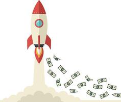 Rocket launch with money flying in the air in flat art style vector