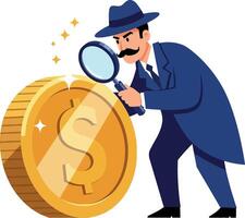 Detective examining a large gold coin with a magnifying glass in flat art vector