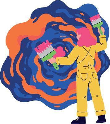 A creative artist painting a colorful swirl with paintbrushes in a flat illustration