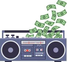 Retro boombox with flying dollar bills in a playful flat design art vector