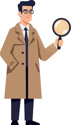 Detective character wearing a trench coat holding a magnifying glass in a flat illustration