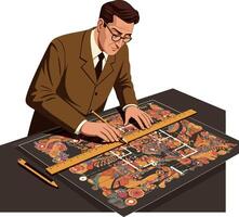 A man in a brown suit carefully designing a colorful layout with a ruler in flat art vector
