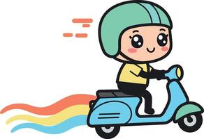 Cheerful child riding a scooter in a playful flat illustration with colorful motion effects vector
