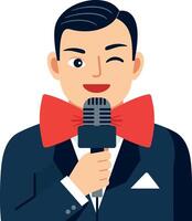 A cheerful man in a tuxedo holding a microphone with a large red bow tie in flat art vector