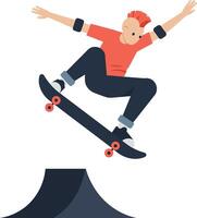 Skateboarder performing an impressive jump over a ramp in flat art vector