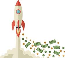 Rocket launching with money flying around in a flat and colorful illustration vector