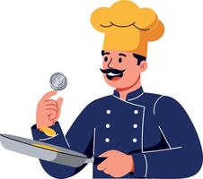 Chef in a blue uniform skillfully flipping an omelette in a frying pan, minimal art vector
