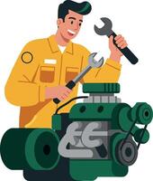 Mechanic repairing an engine with tools in a flat art style showcasing skill and focus in a workshop setting vector