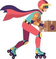 Superhero delivery person on roller skates in flat art style with a box in motion vector