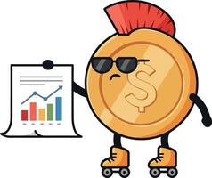 A cool coin character on roller skates holding a financial report in flat art vector