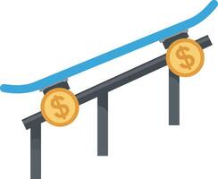 Skateboard resting on a rail with dollar coins in a flat illustration vector