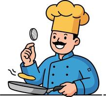 Chef in blue uniform joyfully tossing ingredients in a frying pan, minimal illustration vector