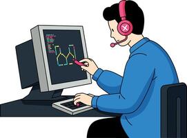 A focused man using a computer with headphones and a stylus in flat art vector