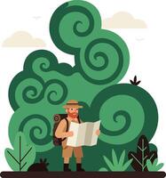 Adventurous explorer with a map in lush green jungle, flat style illustration vector
