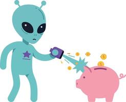 Alien character using a gadget to extract coins from a pink piggy bank in flat art vector