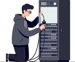 Technician in a hoodie working on a server rack in a minimal illustration vector