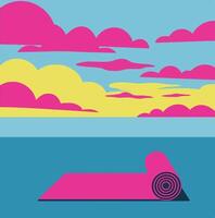 Yoga mat on a serene beach with colorful clouds in a flat illustration vector