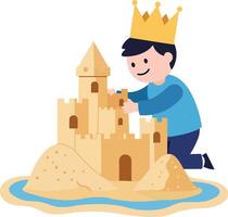 A joyful boy in a crown building a sandcastle on the beach in flat art vector