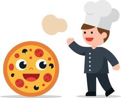 Happy chef interacting with a smiling pizza in flat art vector