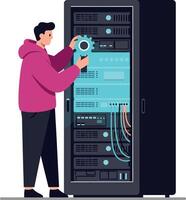 Technician in a pink hoodie working on server rack in flat illustration vector