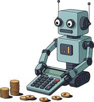 A charming robot using a calculator surrounded by stacks of golden coins in a flat illustration vector