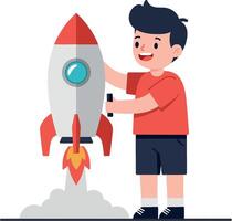 Young boy with a rocket in a playful flat design illustration vector