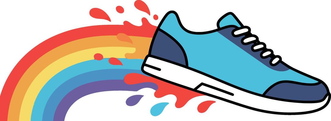 A vibrant blue sneaker splashing colorful paint while leaving a rainbow trail in flat art