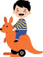 A cheerful boy riding an orange kangaroo toy in a playful flat illustration vector