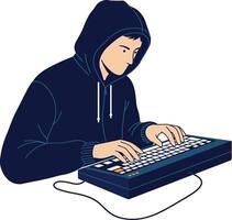 Young man in hoodie focused on typing at keyboard in flat art vector