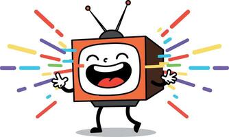 Happy cartoon television character with colorful rays in a playful flat illustration vector