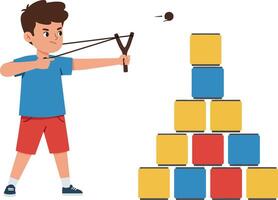 A boy aiming with a slingshot at a colorful block pyramid in flat art vector