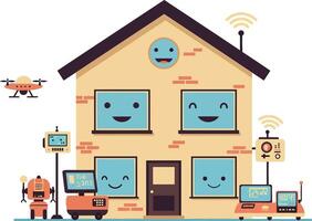 Cheerful house with smiling faces and friendly robots in flat art vector
