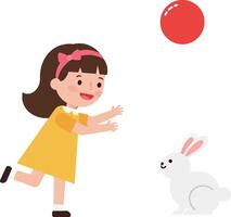 A cheerful girl in a yellow dress playing with a cute rabbit and a red ball in flat art vector