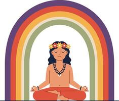 A serene figure meditating in front of a vibrant rainbow arch in flat art vector