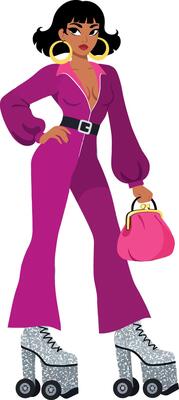 Fashionable woman in vibrant jumpsuit and roller skates, bold colors, flat design illustration
