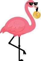 A stylish pink flamingo wearing sunglasses and holding a coin in its beak in flat art vector