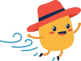 A cheerful yellow character wearing a red hat and smiling, in a playful flat illustration vector