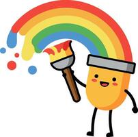 Cheerful paintbrush character creating a bright rainbow in flat art vector