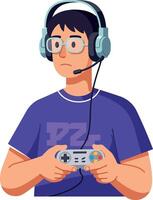 Young man focused on gaming while wearing headphones and holding a controller in flat art vector