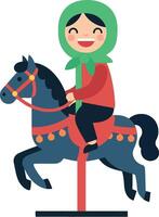 A joyful girl riding a carousel horse in flat art style vector