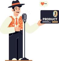 A cheerful man in a stylish outfit presenting a product with a microphone in a minimal illustration vector