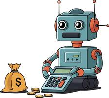 Robot counting coins with calculator beside a money bag in flat art vector