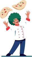 Cheerful chef with curly green hair juggling pizza dough in a playful flat art vector