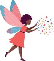 A joyful fairy with colorful wings casting sparkling magic in a whimsical scene, flat illustration vector