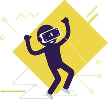 Enthusiastic person enjoying virtual reality in a flat and minimal illustration vector