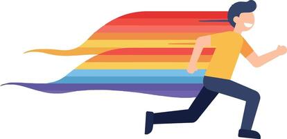 A dynamic figure running with a colorful rainbow cape in a flat illustration vector
