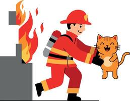 Firefighter rescuing a smiling cat from flames in a flat illustration vector