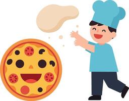 Happy young chef tossing pizza dough in air with colorful toppings in flat illustration vector