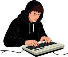 Young man focused on typing at a keyboard wearing a black hoodie in flat art vector