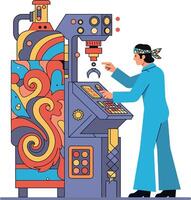 A person operating a colorful machine with artistic patterns in a flat design illustration vector
